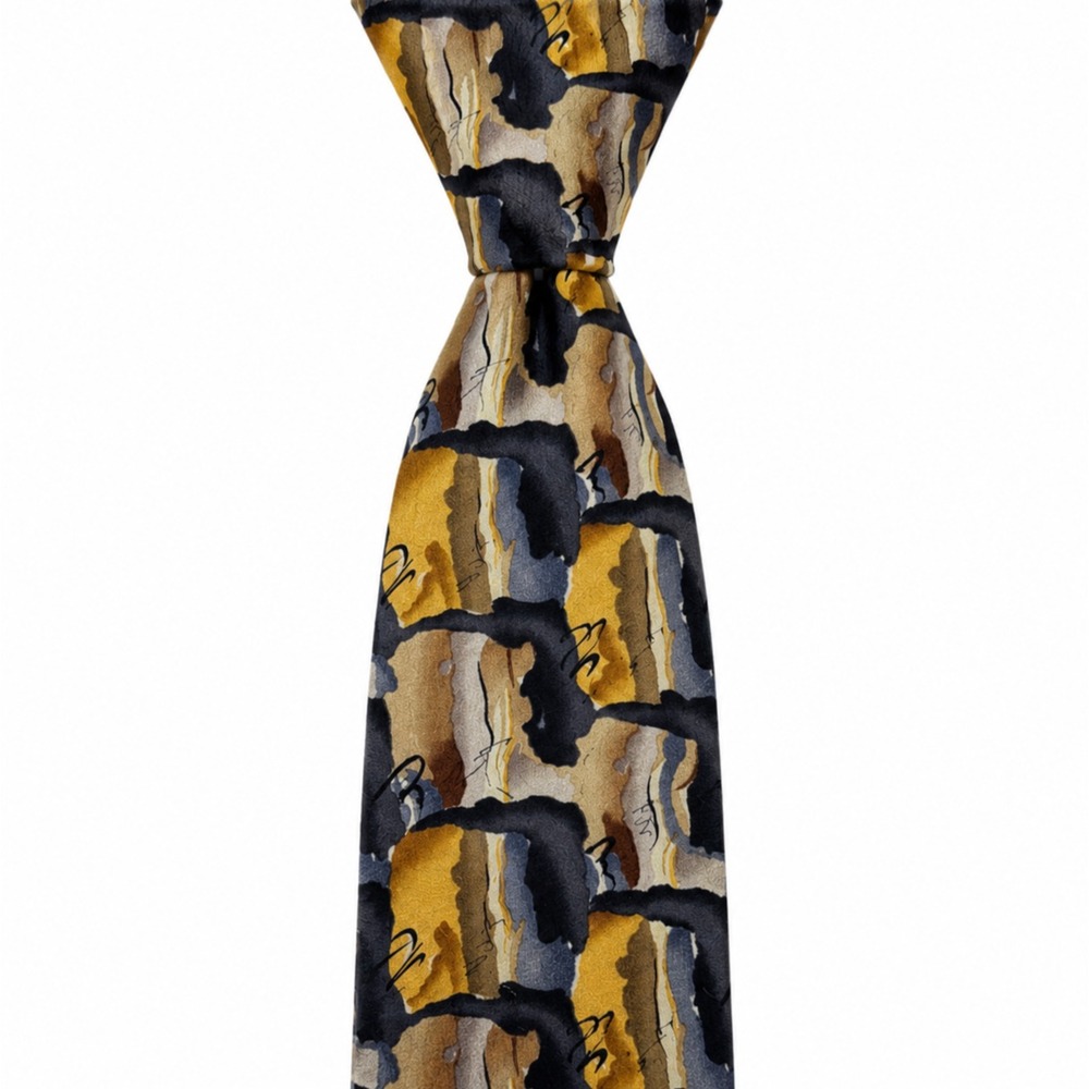 J. GARCIA Collector's Edition Silk Necktie Abstract Landscape Gold Gray Black